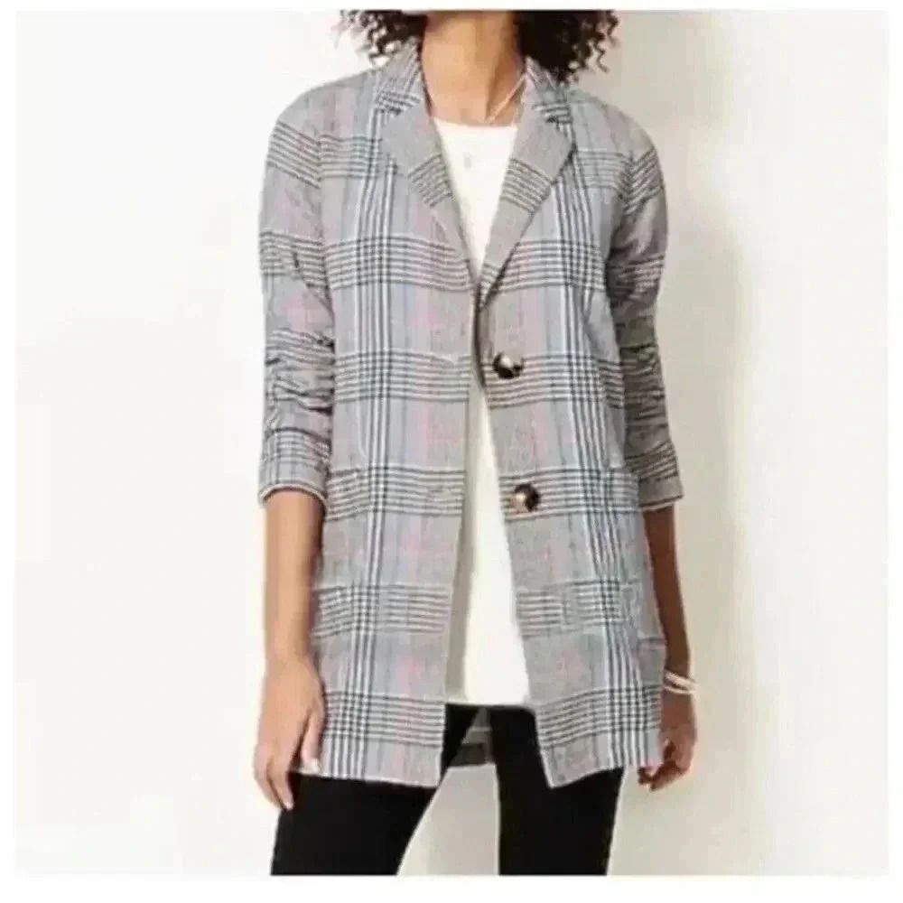 NWT J Jill Barley Relaxed Multi Blue Plaid Cotton Seersucker Boyfriend Blazer M - Picture 2 of 16